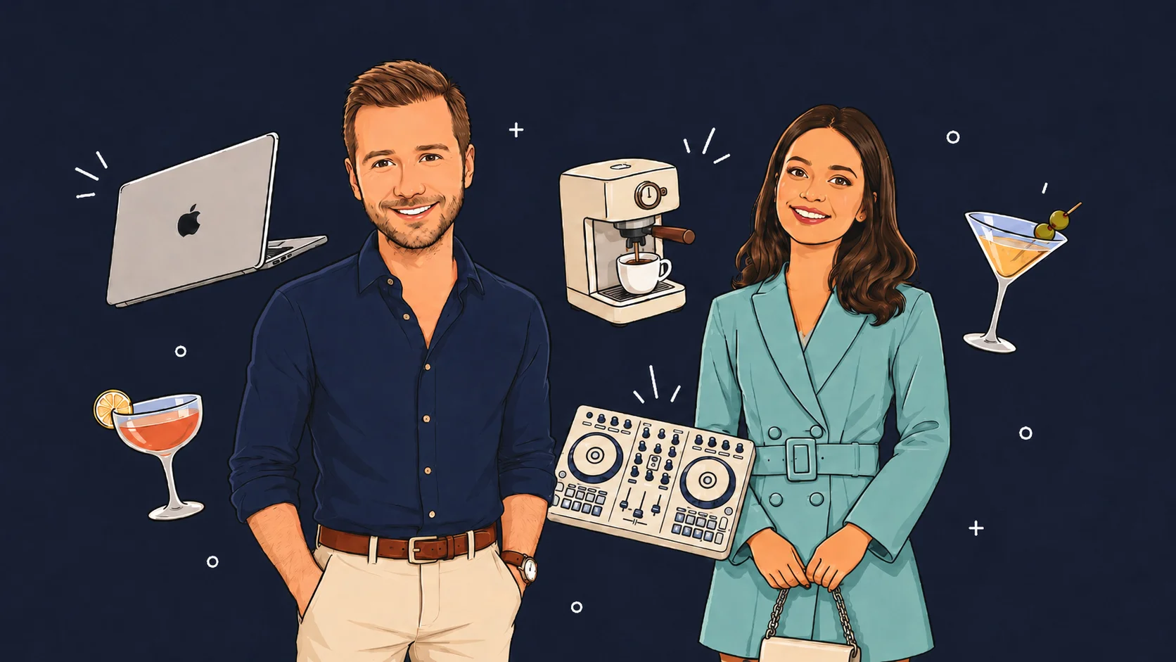 Illustration of Viral Mind Technologies co-founders Antonio and Dora with a laptop, coffee machine, DJ controller, and cocktail glasses